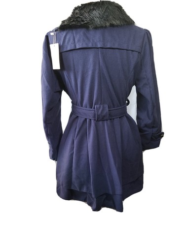 Women's Navy Faux Fur-Trim Trench Coat SZ 2XL - Picture 9 of 10