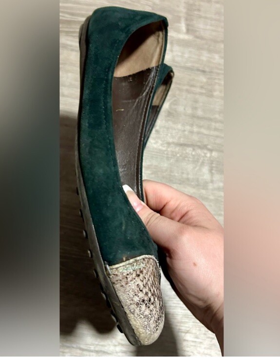 Tory Burch Forest Green Suede Python Cap Toe Flat… - image 4