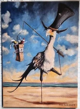 PRINT~Steampunk Secretary BIRD~~Whimsical~ART~5" x 7"~Tophat~Picking up trash 