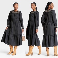 Universal Thread Midi Dress Sz M Smocked Round Neck Balloon Long Sleeve Tiered