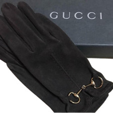 GUCCI Gloves Suede Leather with Gold Horsebit Black Size 6.5 Women Italy Auth