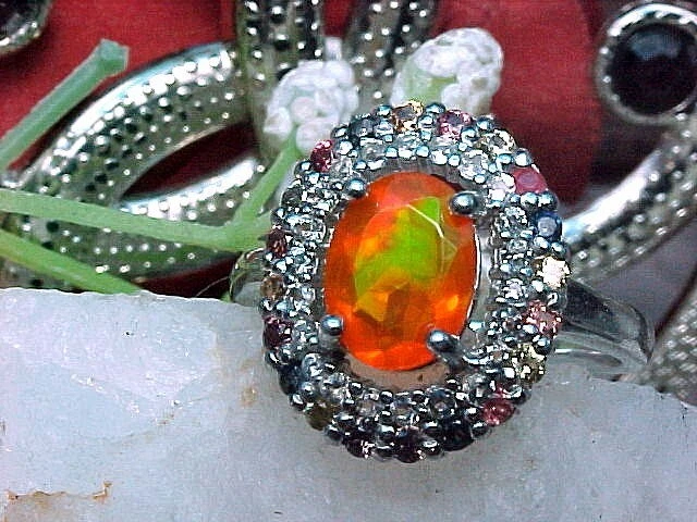 NATURAL MEXICAN FIRE OPAL RING AAA 8x6mm MULTI SAPP 925 SS