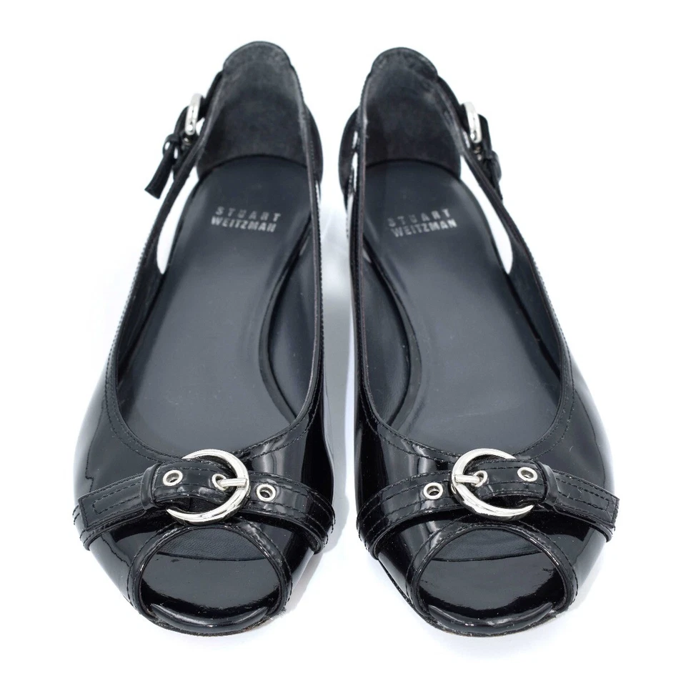 Stuart Weitzman Black Patent Leather Chit Chat Open Toe Peep Toe Flats size 8 M - Image 3 of 4