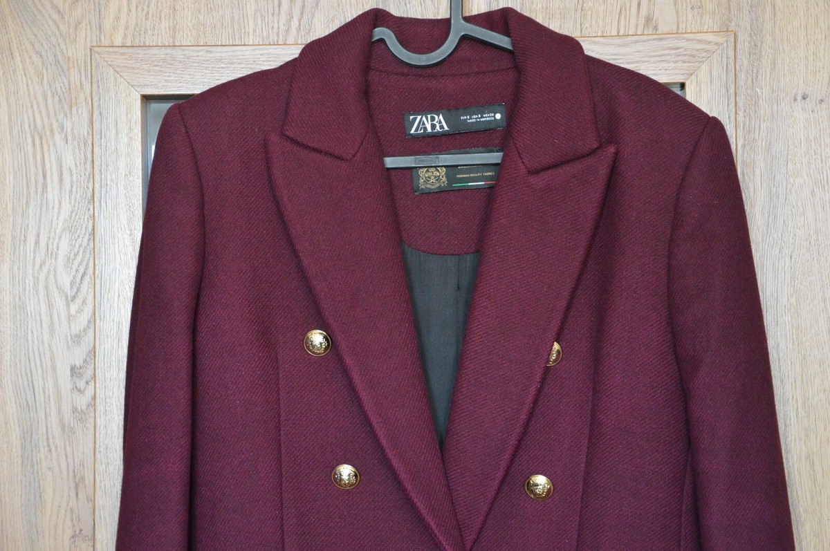 ZARA DOUBLE BREASTED BUTTONED LONG WOOL COAT MAROON BURGUNDY