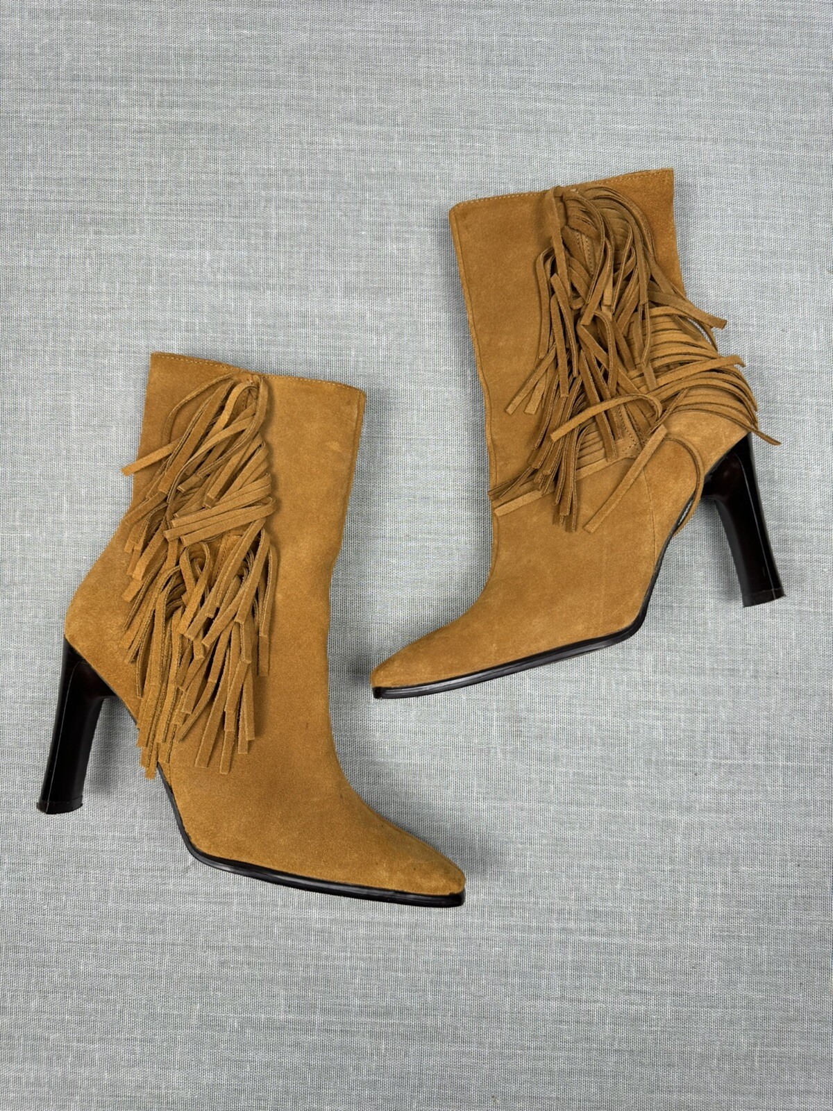 Brown Suede Fringe Ankle Boots Y2K Boho Chic Western Cowgirl Square Toe 90s US 6
