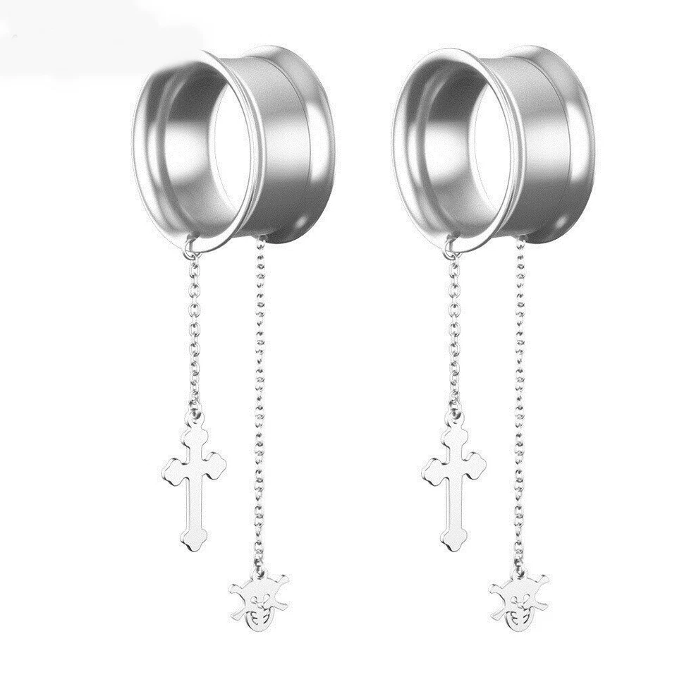 2 piezas Acero Inoxidable Cruz Calavera Cadena Colgante Oreja Túnel Expansores Joyería Corporal Foto 4 de 4
