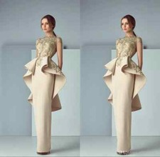 Elegant Champagne Arabic Evening Dresses Ruffles Lace Applique Formal Prom Gowns
