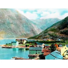 Vintage Photo Colour Tint Eidfjord Norway Scenic Village Fjord Framed Art Print
