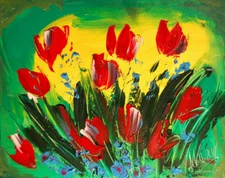 TULIPS RED GREEN MARK KAZAV - ORIGINAL OIL PAINTING ABSTRACT MODERN ART  FWTHEQF