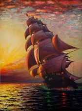 Vibrant Vintage Tall Ship Seascape Print, 12x9 Glorious Sunset Ocean Scene