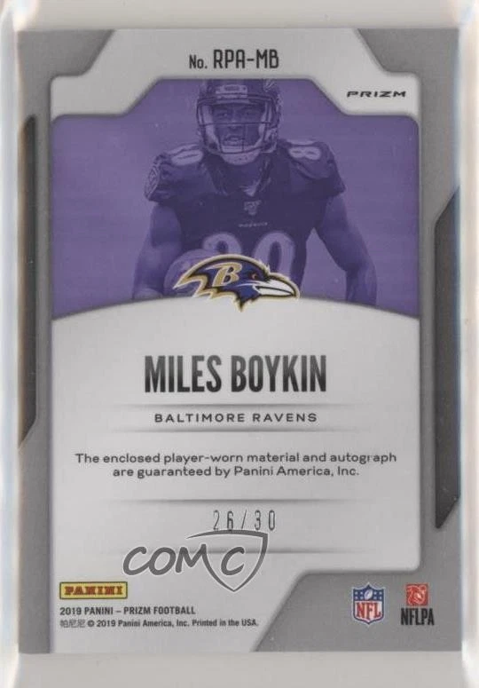 2019 Panini Prizm Rookie Purple Power /30 Miles Boykin #RPA-MB RPA Patch Auto RC - Image 2 of 2
