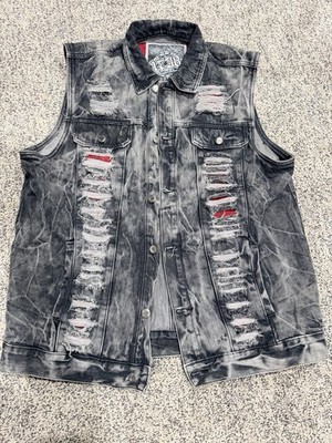 1778 Men's Black Denim Vest XL Button Front, distressed street ware