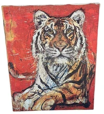 VTG Tiger Portrait Canvas Art Abstract Expressionist Style Red/Orange Background