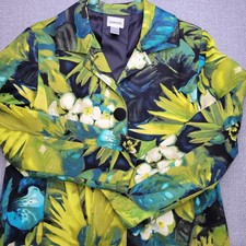 Chico's Blazer Colorful Structure Size 1 Medium Floral Print Green Blue Pockets