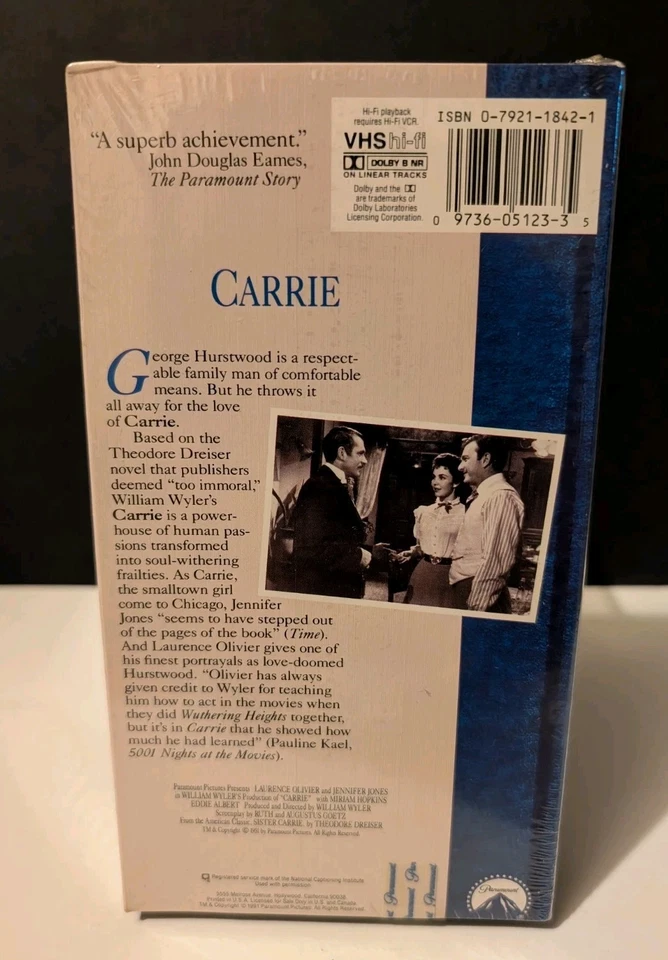 "Carrie" (1951) Sealed And New Drama/Romance VHS 1991 Release Foto 3 de 4