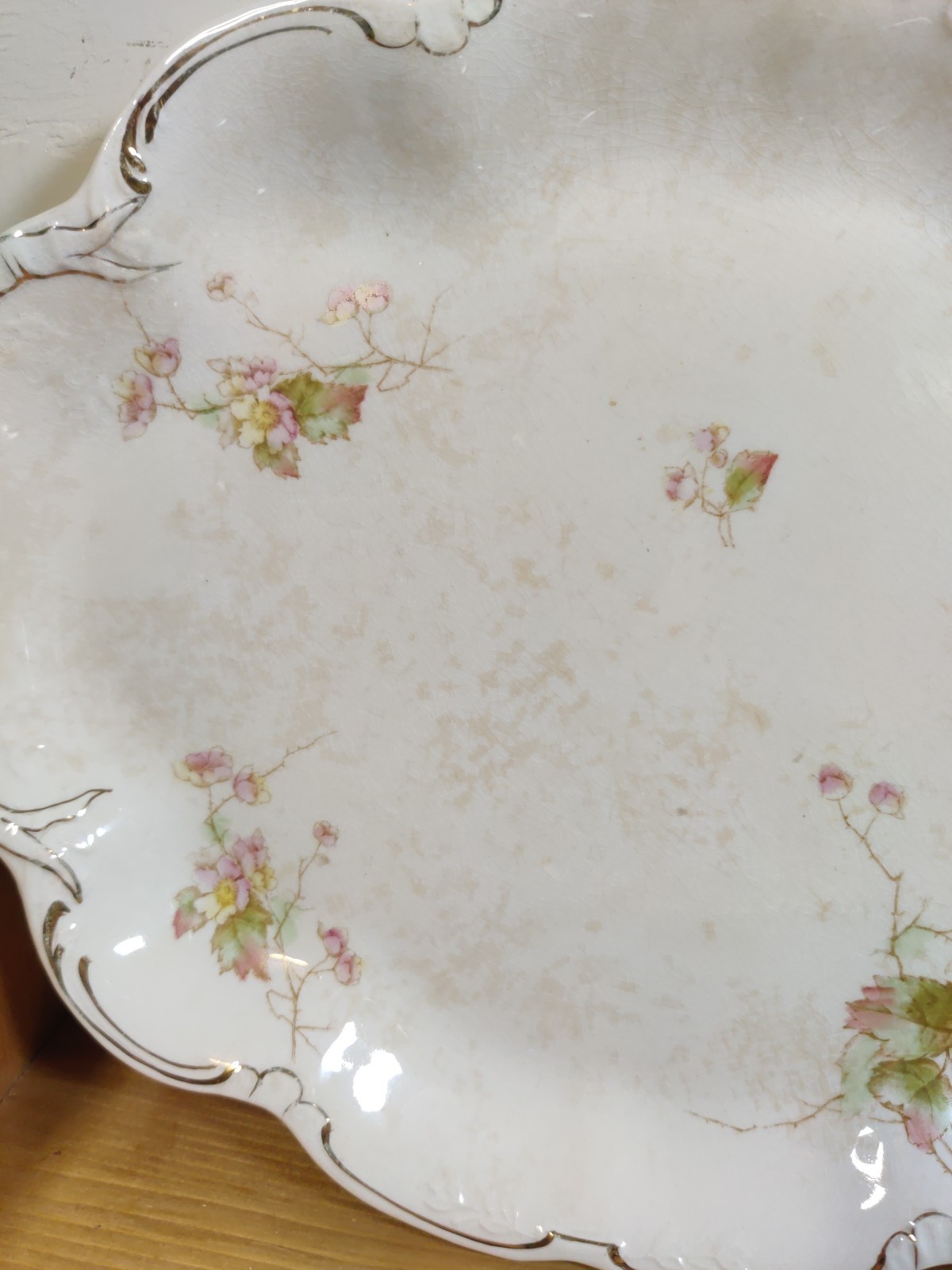Vintage Stained Patina Homer Laughlin Pink Floral Leaves ~14.5x11” Platter