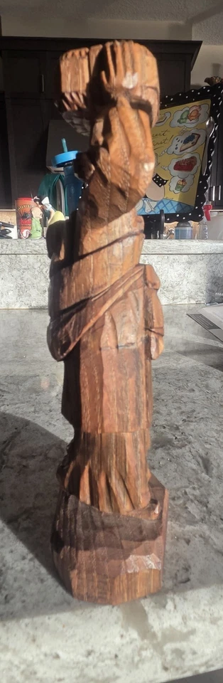 古董 8 1/2 英寸手工雕刻木制雕像女性携带水儿童亚洲 — 第 4/4 张图片