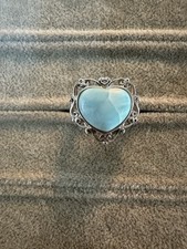 Vtg Sterling Silver BBJ Signed Larimar Heart Shaped Filigree Ring Sz 7