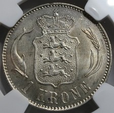 DENMARK 1 Krone 1892 NGC UNC Details King Christian Silver Dolphin Wheat Crown