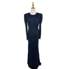 Mac Duggal 5641 Navy Embellished Puff Sleeve Side Knot Dress Size 10 $598