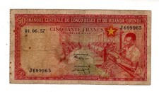 CONGO BELGIAN BELGE BELGIQUE RUANDA-URUNDI 50 FRANCS Banknote 01/06/1957 P32