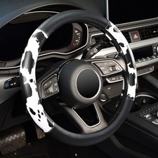 Cow Print Steering Wheel Cover, Universal Fit 14.5-15 inch Premium Black White