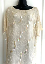Vintage Oleg Cassini 1980s Ivory Sequin Cocktail Dress Size 12 Gatsby Wedding