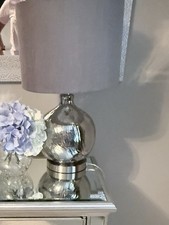 Two Silver Glass  Metal Table Lamp w/ Gray Drum Shade, Corded Wall Switch