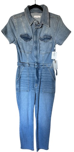 NWT Good American Women's Blue Denim Collared Short Sleeve Jumpsuit Size M
