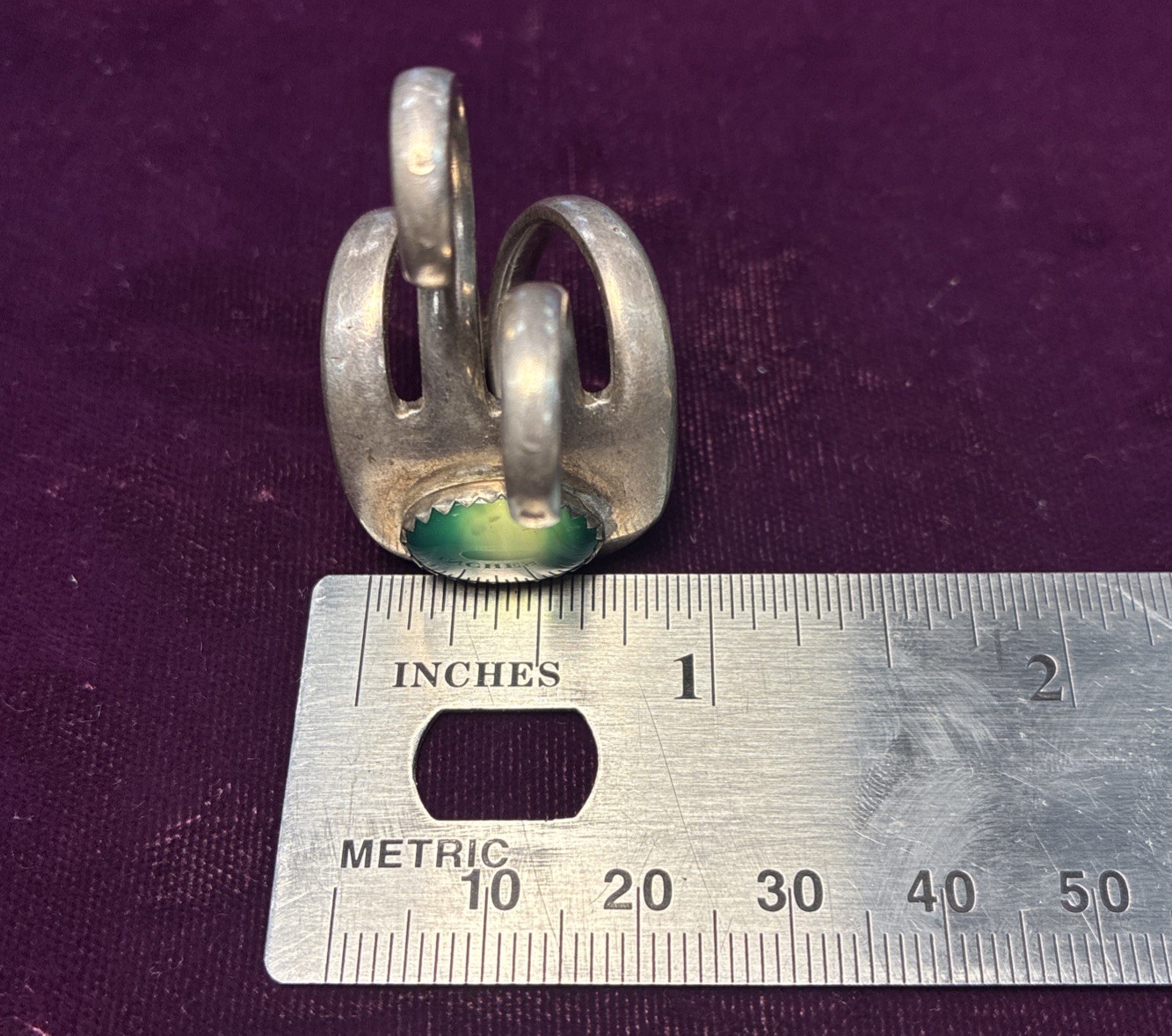 Vintage Handmade Silver Fork Ring Swirl Green Sto… - image 4