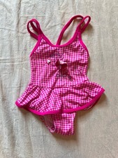 Vintage Hot Pink Gingham Girls Bathing Suit Size 12M Floral Baby Toddler