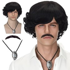 Short Black Curly Mens 70s 80s Wig Mustache With Bolo Tie Costume Set