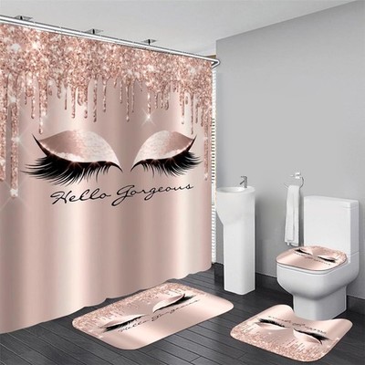 4 Pieces Gorgeous Rose Gold Bathroom With Shower Curtain and Rugs Sets For Women