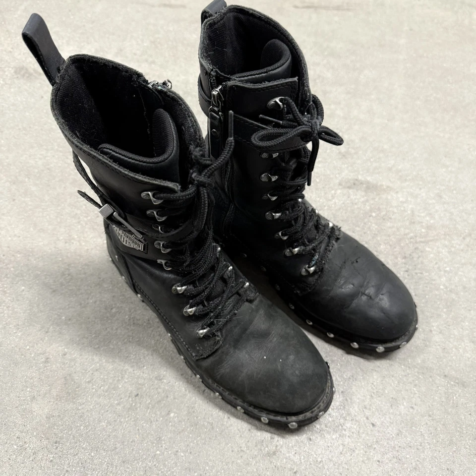 Botas de motocicleta Harley-Davidson de cuero con cordones y cremallera tachonadas para hombre talla 9 Foto 4 de 4