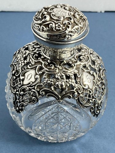 GRAN BOTELLA DE PERFUME/PERFUME GLOBO DE VIDRIO CORTADO PLATA MACIZA EDUARDIANA ANTIGUA