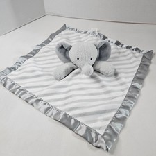 Cloud Island Elephant Lovey Gray White Plush Baby Security Blanket Striped Satin