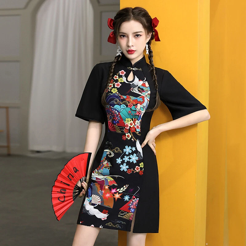 Women Cheongsam Dress Frog Button Chinese Traditional Short Qipao