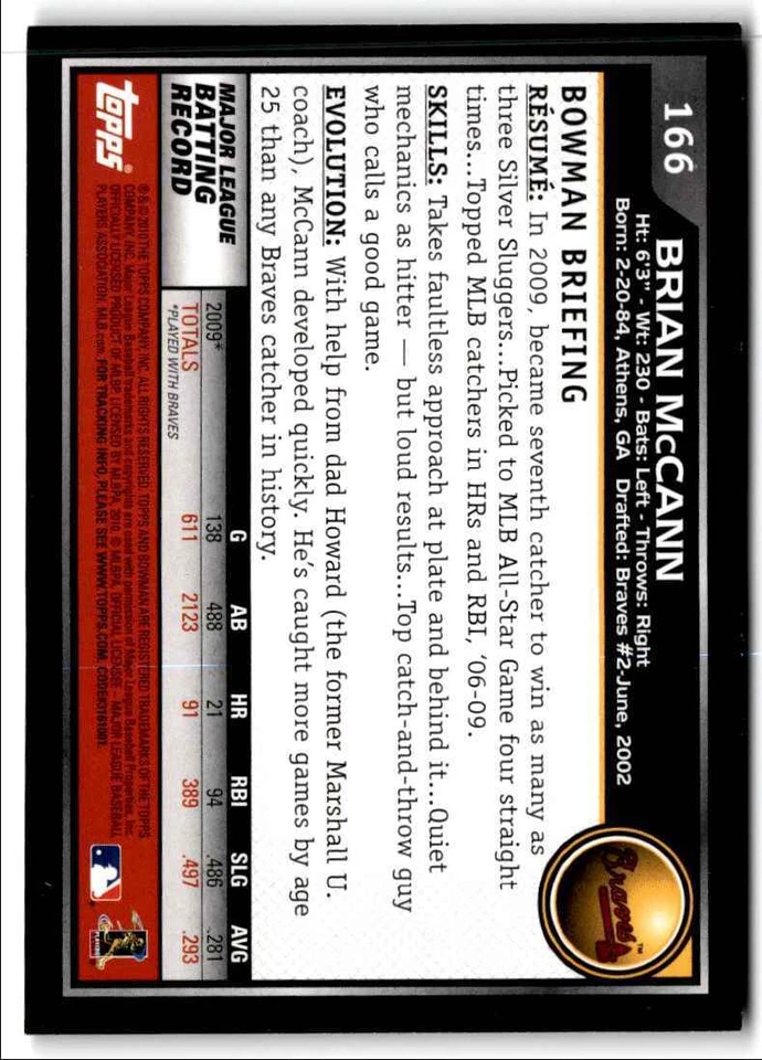 2010 Bowman Brian McCann Atlanta Braves #166 - Image 2 of 2