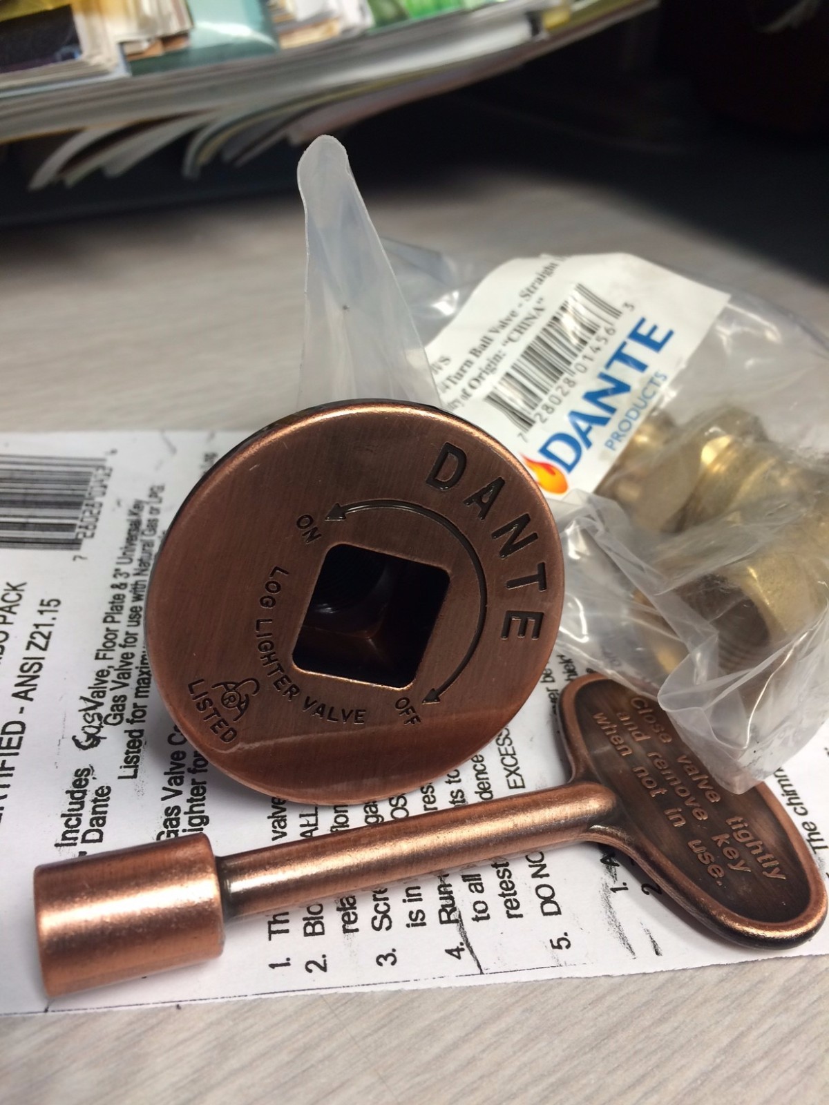 GAS STRAIGHT VALVE AND KEY COMBO FOR FIREPLACE GAS LOG FIRE PIT ANTIQUE COPPER