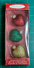 Hallmark Ornaments Set Of 3 Glitter Hearts in Red Green Gold Made in Czech Rep