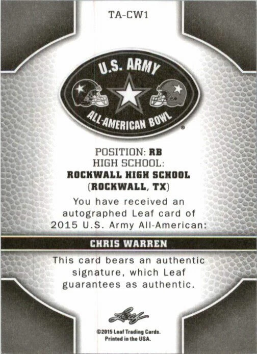 CHRIS WARREN 2015 Leaf US Army All-American Autograph TOUR Rookie Auto TEXAS - Image 2 of 2