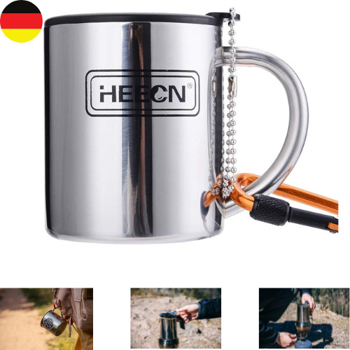 Taza de camping HEECN® con tapa y mosquetón - taza de acero inoxidable - térmica