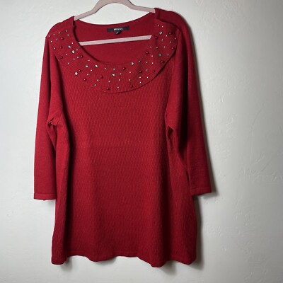 Briggs Womens Top Plus Size 2X Red Pullover Embellished Long Sleeve Stretch Knit