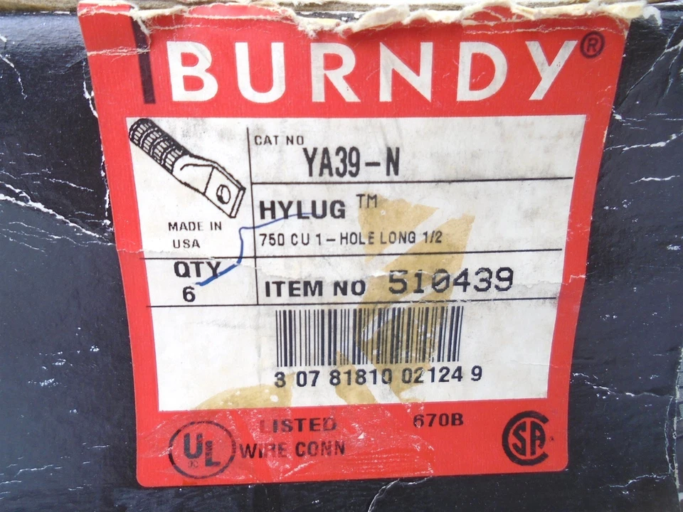 BURNDY - YA39N - COMPRESSION HYLUG -750kcmil LONG BARREL 600V 35kA Tin Over CU - Image 2 of 4