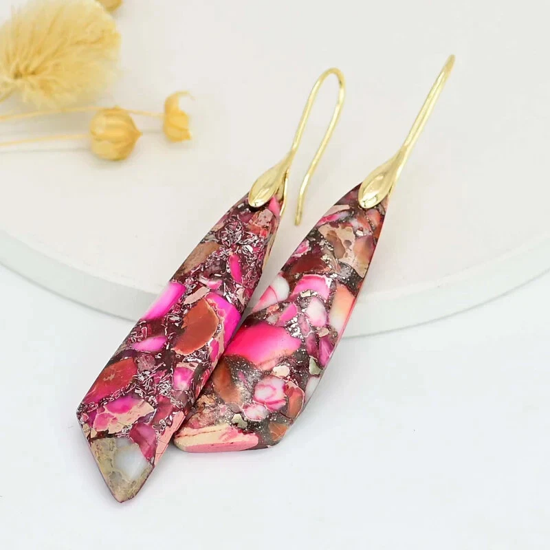 Pink Sea Sediment Jasper Women Healing Stone Dangle Drop Earrings Gift for her - Image 3 of 4