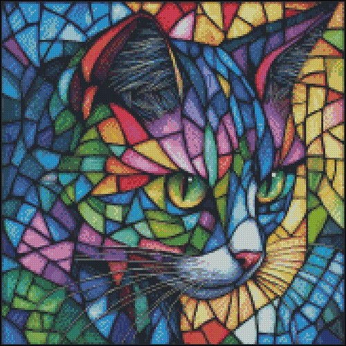 Stained Glass Cat - Counted Cross Stitch Patterns - Color & BW Symbols - Picture 2 of 2