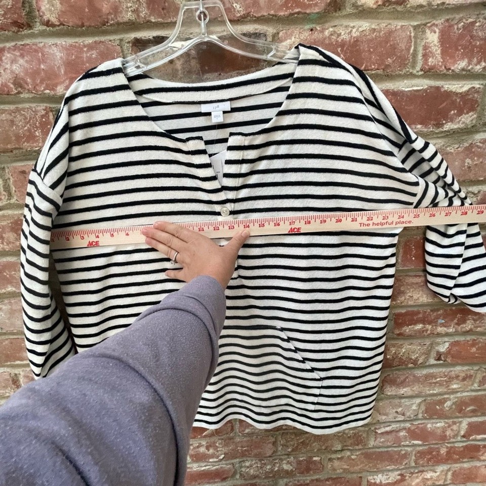 J. Jill Top Stripe White Navy French Terry Kangaroo Pocket Coastal