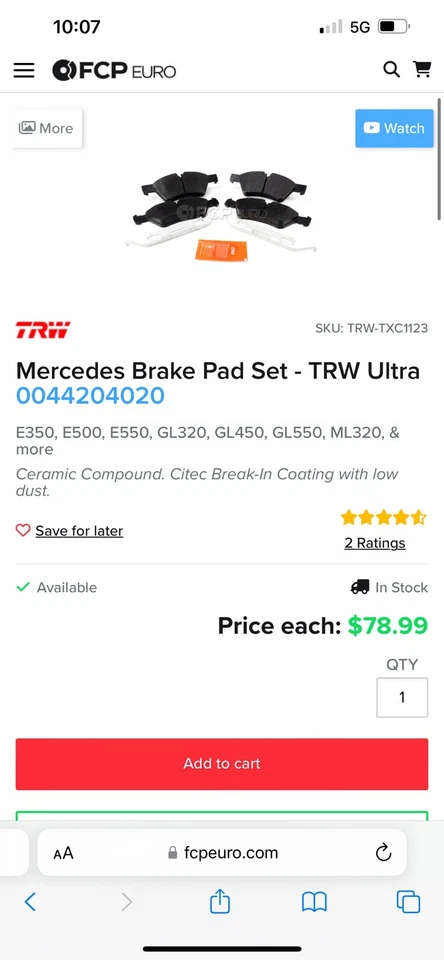 Передние тормозные колодки + роторы Mercedes Benz для Ml350 и R-класса - Изображение 2 из 4