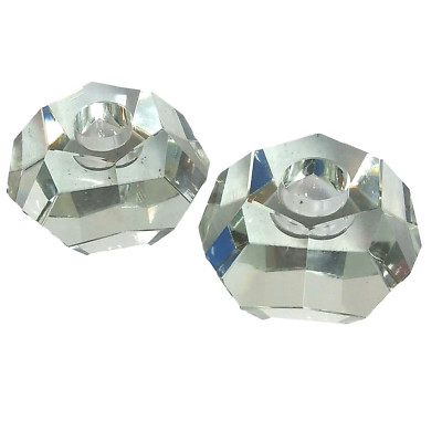 VINTAGE Set of 2 CRYSTAL 3D HEXAGON SHAPED CANDLE HOLDERS POLISHED 3.5'' DIAMETER