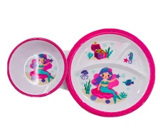 Child's Girls Dinnerware Divided Plate & Bowl Set Melamine BPA Free Mermaids